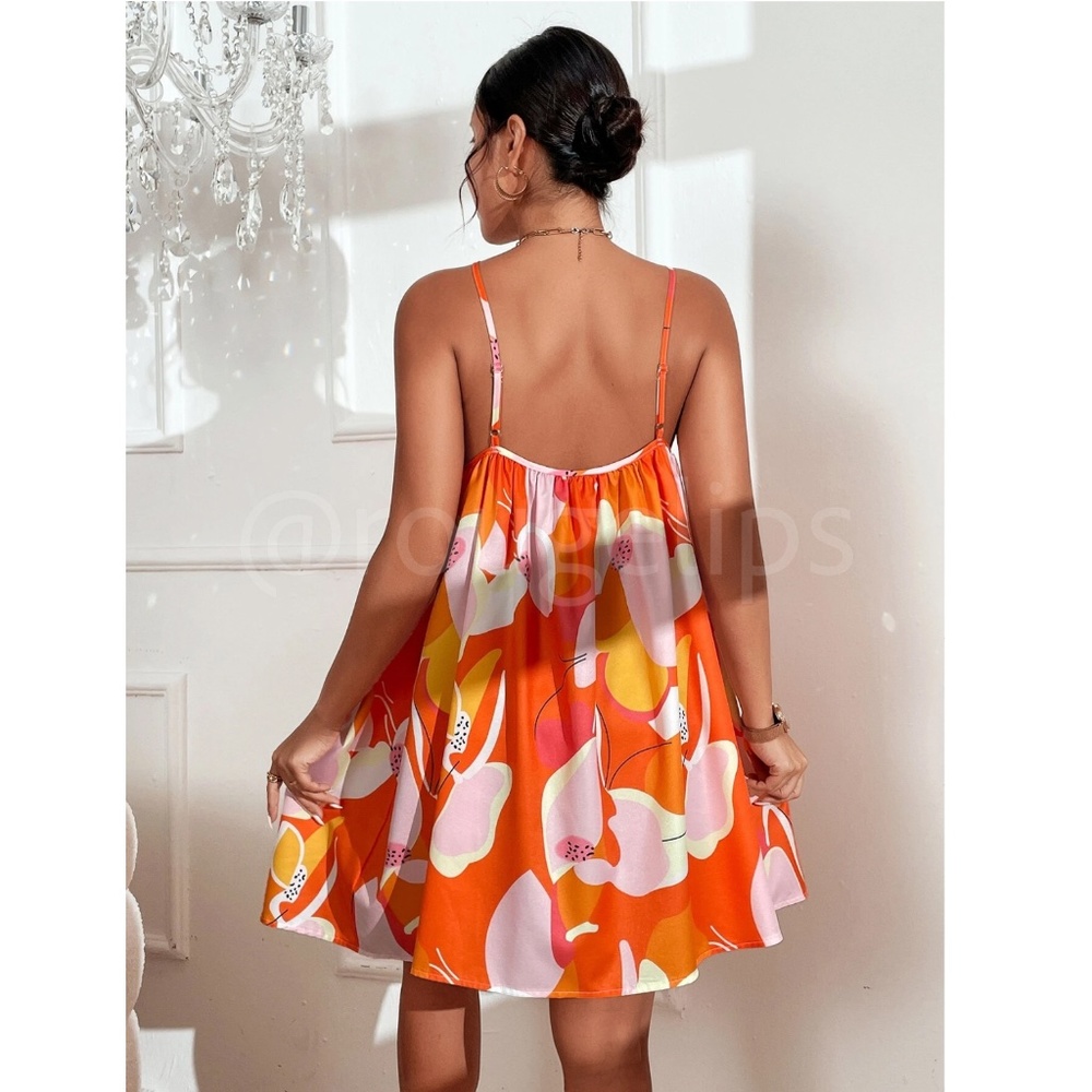 Orange Floral Flared Dress Mini Short A-Line Neck Ties - Picture 4 of 9